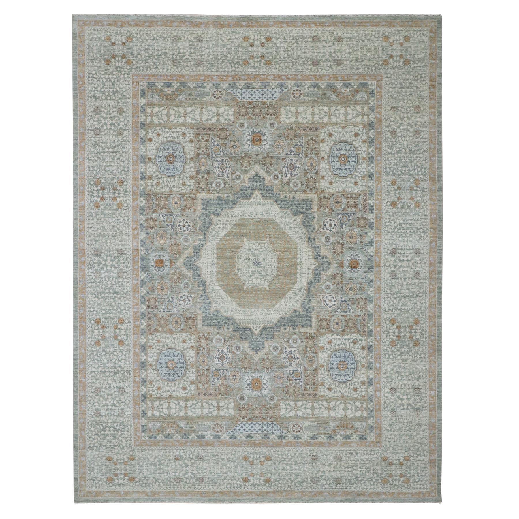 Pistachio Green, Pure Wool, Hand Knotted, Pre Historic 14th Century Influence, Mamluk Design, Natural Dyes, Oriental Rug